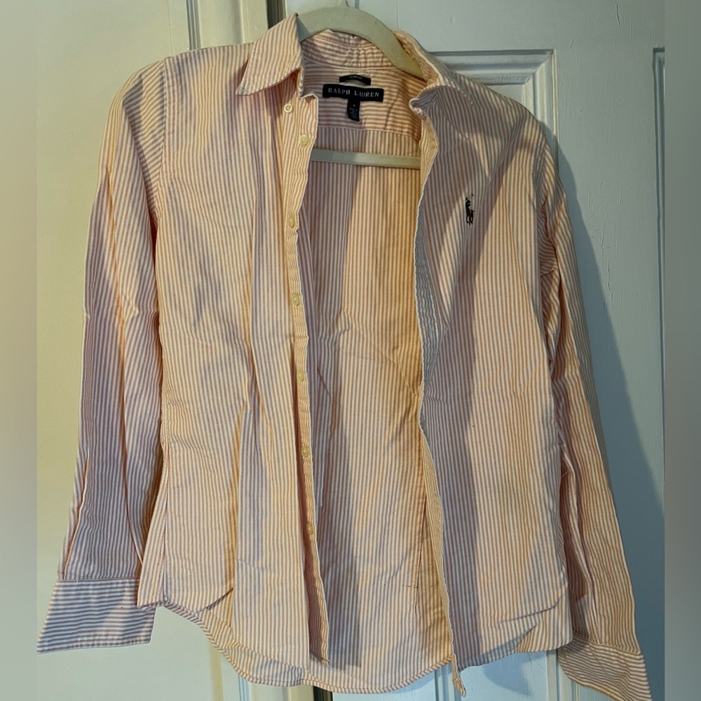 Ralph Lauren light orange and white striped button down Oxford Shirt, small.